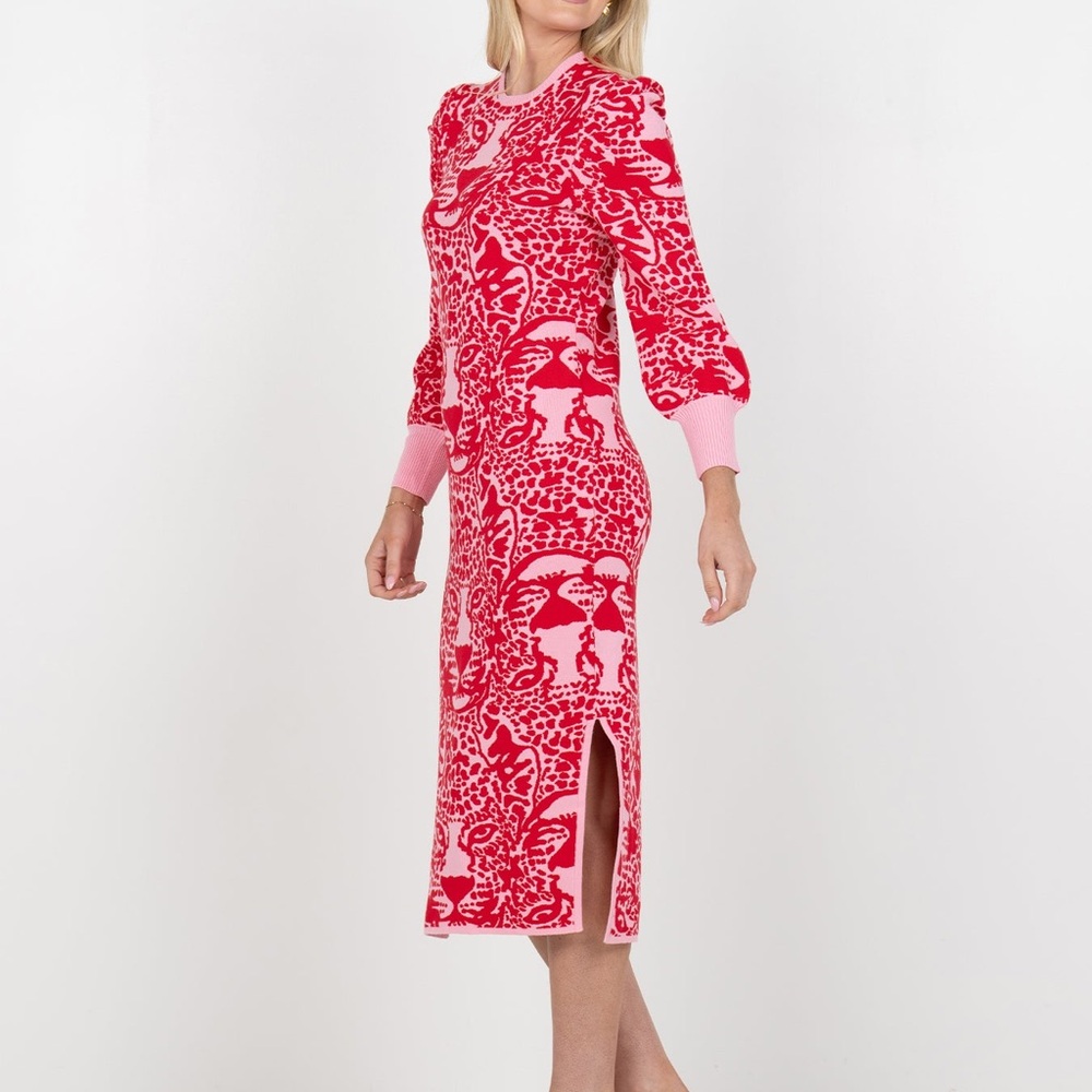 Emily McCarthy LANE SWEATER DRESS XS Leopard Pink Red